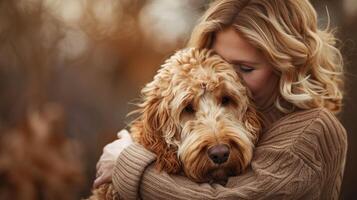 A woman hugging her dog in a park photo