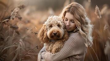 A woman is hugging her dog in a field photo