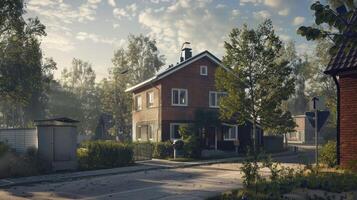 A house is shown in the middle of a residential street photo