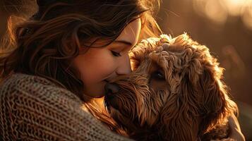 A woman is hugging a dog photo