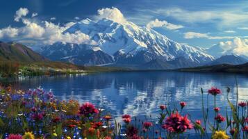 Flowers and mountains in the foreground and water photo