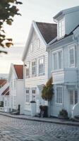 A row of white wooden houses on a cobblestone street photo