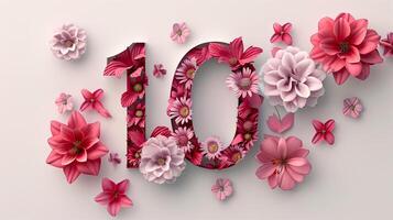 The number ten is surrounded by pink flowers photo