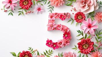Number five made of flowers on white background photo