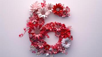 Number 6 made of flowers on a white background photo