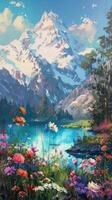 A painting of a mountain with flowers and a lake photo