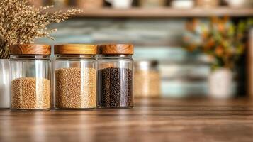 Three Glass Jars of Quinoa Sesame Seeds and Black Seeds on Wooden Table photo