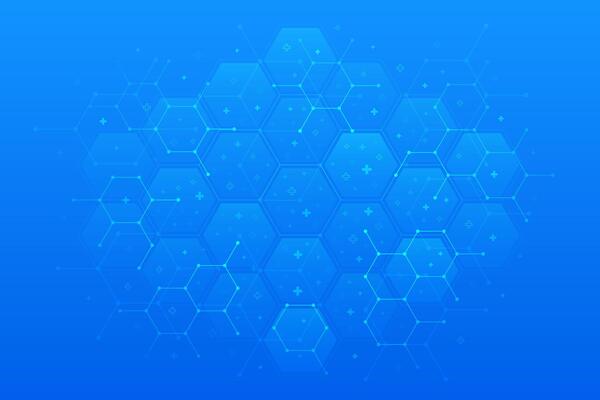 Medical background. Molecular structure with cross shape symbols. DNA, atom, cell visualization. Abstract geometric background with hexagon shapes for medicine, science, chemistry. illustration