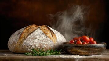 Rustic Artisan Bread with Fresh Tomatoes and Thyme Steam Rising Wooden Table photo