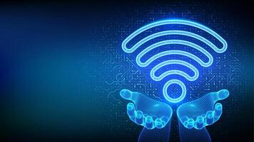 Wi-Fi network. Wi Fi icon in hands. Wlan access, wireless hotspot signal symbol. Mobile connection zone. Router transmission. Circuit board pattern. PCB printed circuit texture. illustration. vector