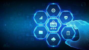 CMS. Content Management System concept. Website and document management, web development, digital solutions. Wireframe hand places an element into a composition visualizing SMS. illustration. vector