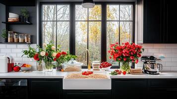 Autumnal Kitchen Still Life Grains Flowers and Baking Mixer on Farmhouse Sink photo