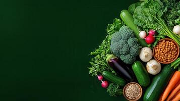 Fresh Green Vegetables Legumes Herbs Assortment on Dark Background photo