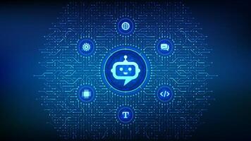 Chatbot. Chatbot assistant application. Smart assistant. AI. Artificial intelligence technology concept. Neural network. Background with circuit board connections and tech icons. Illustration. vector