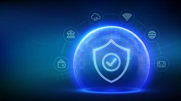 Cyber security. Network safety. Personal data protection. Vpn. Protection shield with Check mark icon inside transparent sphere shield with hexagon pattern on blue background. illustration. vector