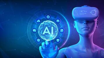 AI. Artificial Intelligence. Girl wearing VR headset glasses touching digital interface with AI Sphere grid wave. Machine Learning. Big data innovation technology. Neural networks. illustration vector