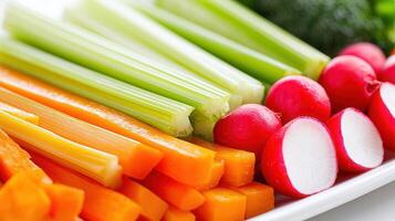 Fresh Colorful Vegetable Sticks Carrots Celery and Radishes Healthy Snack Platter photo