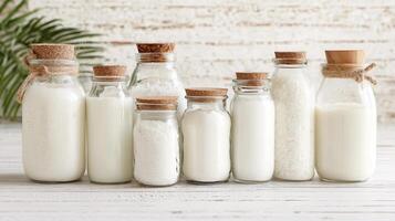 Dairy Free Milk Alternatives in Glass Jars Variety of Plant Based Milks and Ingredients photo