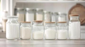 Glass Jars Filled with Flour Sugar and Rice in Kitchen Setting photo