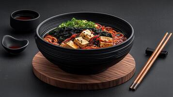 Delicious Asian Tofu Noodle Soup in Black Bowl with Chopsticks Japanese Cuisine photo
