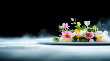 Stunning Edible Flower Arrangement with Brussels Sprouts Steam and Ice on White Plate photo