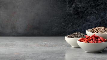 Healthy Superfoods Chia Seeds Flax Seeds and Goji Berries in Bowls photo