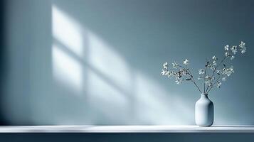Serene Minimalist Home Decor White Flowers in Light Blue Vase Soft Light photo