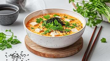 Steaming Hot Tofu Noodle Soup with Sesame Seeds Asian Cuisine photo