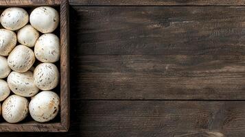 Fresh White Button Mushrooms in Rustic Wooden Crate on Dark Wood Background photo