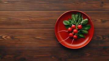 Fresh Red Radishes on Rustic Wooden Tabletop Overhead View photo