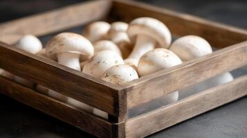 Fresh White Button Mushrooms in Rustic Wooden Crate Organic Produce Farm Fresh Harvest photo