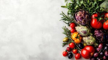 Fresh Organic Vegetables and Herbs Border on Grey Background Culinary Photography photo