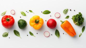Vibrant Fresh Vegetables and Herbs Flat Lay Peppers Radishes and Greens photo