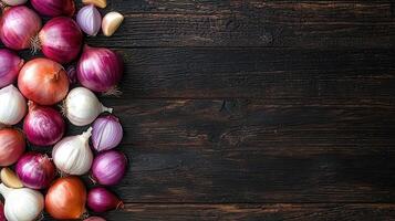 Fresh Red Onions and Garlic on Dark Rustic Wooden Background Culinary Food Photography photo