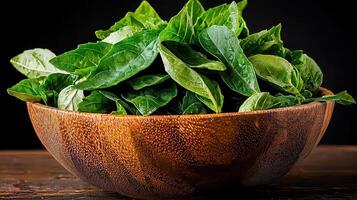 Fresh Green Basil Leaves in Wooden Bowl Culinary Herbs Healthy Food Ingredient photo