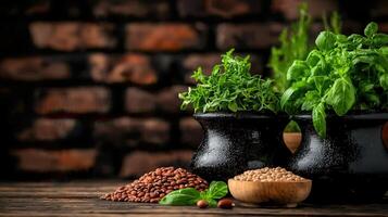 Rustic Still Life Lentils Legumes Fresh Herbs in Dark Pots on Wooden Table photo
