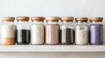Glass Jars Filled with Various Grains and Lentils on a White Shelf photo