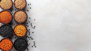 Assorted Legumes and Pulses in Bowls Healthy Food Vegan Protein Top View photo