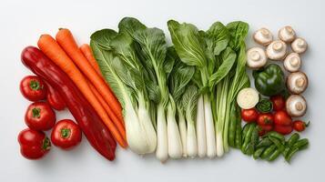 Fresh Organic Vegetables Assortment Bok Choy Carrots Peppers Tomatoes Mushrooms and Peas photo