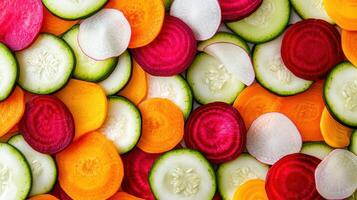 Vibrant Sliced Vegetables Colorful Beetroot Carrot Cucumber and Radish Background photo