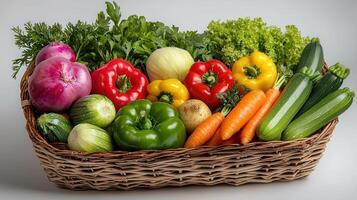 Fresh Colorful Vegetables in a Rustic Wicker Basket Farmers Market Harvest photo