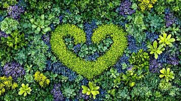 Lush Green and Purple Succulent Garden Wall with Heart Shape Design photo