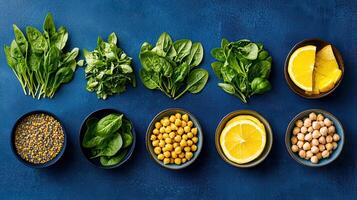 Healthy Eating Spinach Chickpeas Lentils Lemon Orange Ingredients Flat Lay photo