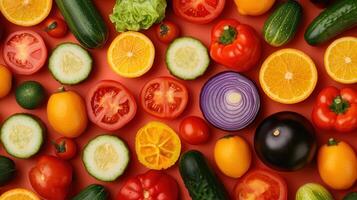 Vibrant Sliced Fruits and Vegetables Background Orange Red Tomato Cucumber Healthy Food Flat Lay photo