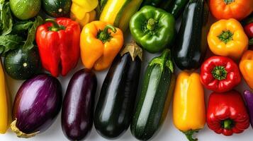 Vibrant Colorful Assortment of Fresh Vegetables Bell Peppers Eggplants and Zucchini photo