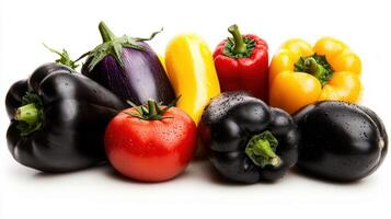 Fresh Colorful Vegetables Red Bell Pepper Yellow Bell Pepper Black Eggplant and Tomato photo