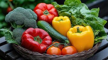 Fresh Organic Vegetables in a Basket Colorful Bell Peppers Broccoli Zucchini and Tomatoes photo