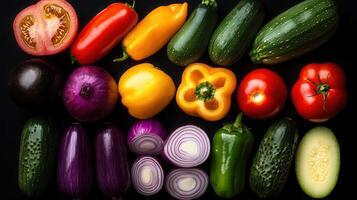 Vibrant Assortment of Fresh Vegetables Colorful Tomatoes Peppers Onions and Zucchini Arranged for a Flat Lay Image photo
