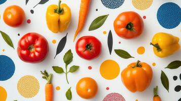 Vibrant Flatlay of Fresh Vegetables Tomatoes Peppers and Carrots Arranged on a Colorful Background photo