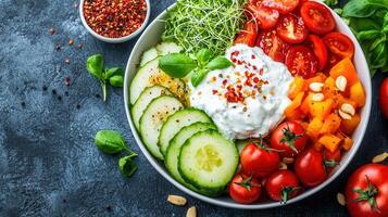Healthy Vegetarian Bowl with Creamy Yogurt Dip Cucumbers Tomatoes and Peppers photo
